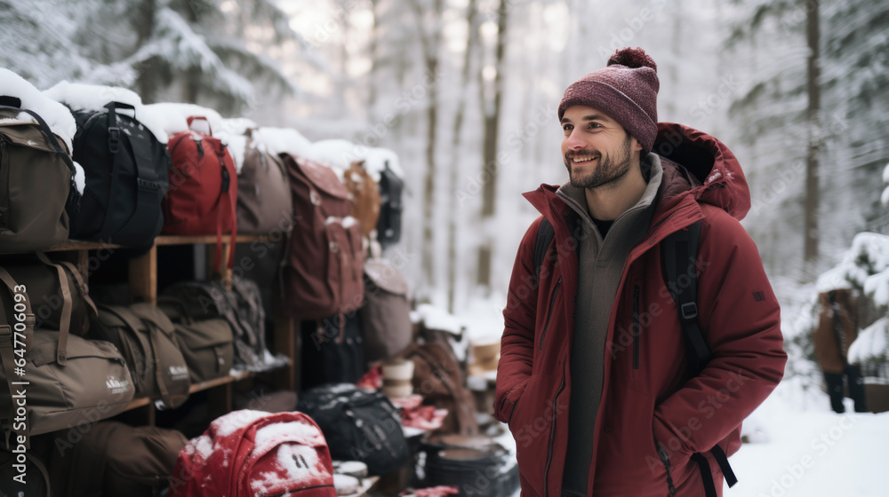 Fototapeta premium A man in thick winter clothes stands outside in front of other clothes