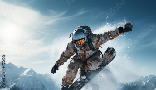 A cool snowboarder jumps into the air in the mountains