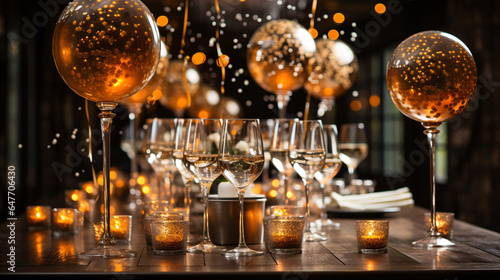 Glamorous New Year's Eve party setup complete with confetti-filled balloons and champagne glasses ready to toast to new beginnings.