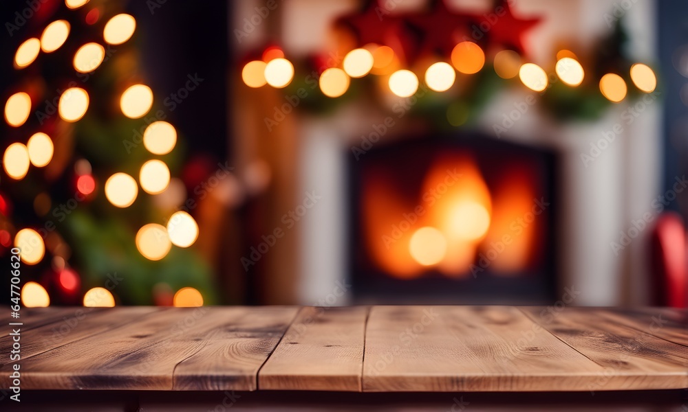 Empty wooden table in cozy festive Christmas home setting Empty wooden table in cozy festive Christmas home setting