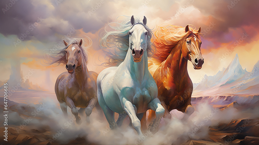 Três cavalos na paisagem Três cavalos na paisagem
