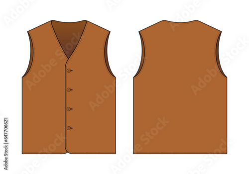 Blank Leather Vest Template on White Background. Front and Back View, Vector File