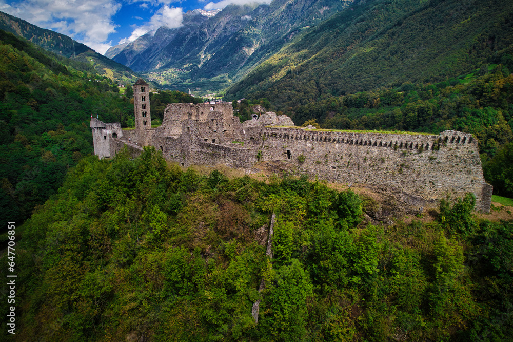 Medieval Castle by drone. Mesocco, Switzerland Medieval Castle by drone. Mesocco, Switzerland