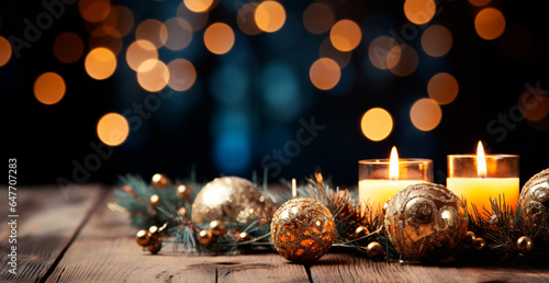 Christmas burning candle, blurred bokeh background, New Year - AI generated image