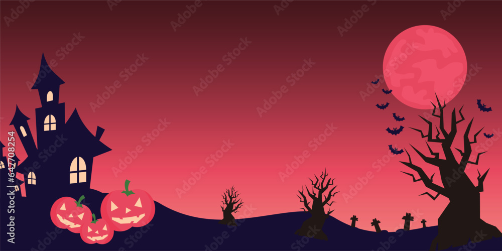 halloween background with icons of pumpkin, tree, castle, moon and copy space area. vector for banner, poster, greeting card, social media.