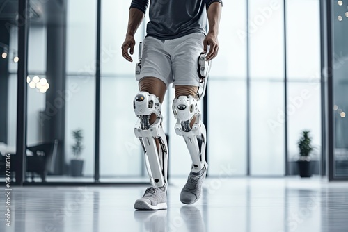 Modern Hospital Physical Therapy: Patient with Injury Walks Wearing Advanced Robotic Exoskeleton. Physiotherapy Rehabilitation Scientists, Engineers use Tablet Computer to Help Disabled Person