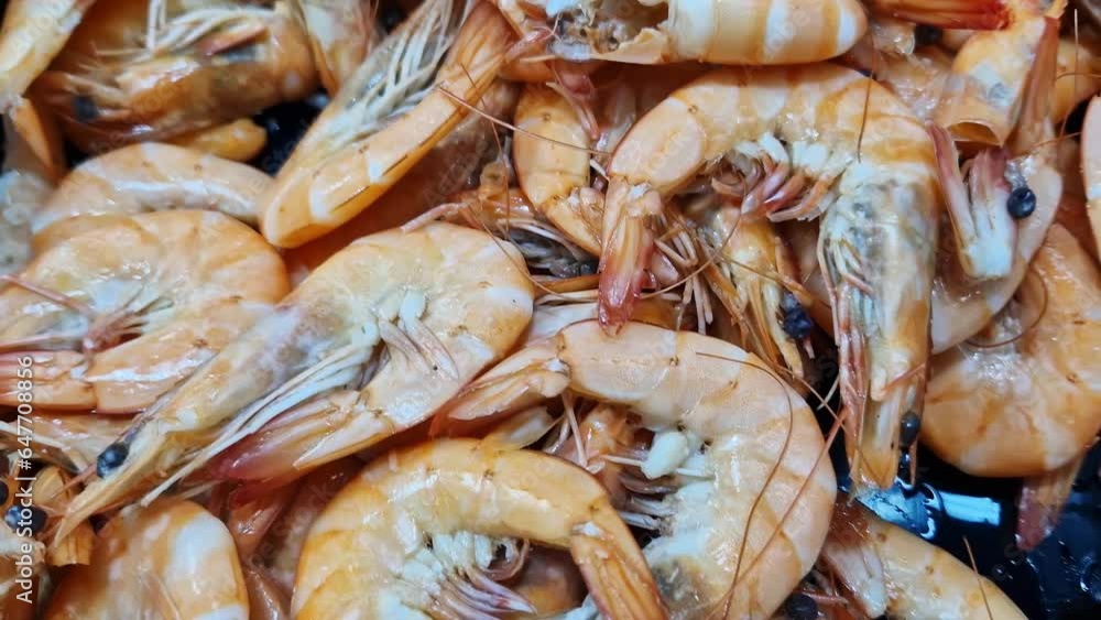 Chilled boiled shrimp in a supermarket or grocery store, close-up video. Seafood Chilled boiled shrimp in a supermarket or grocery store, close-up video. Seafood