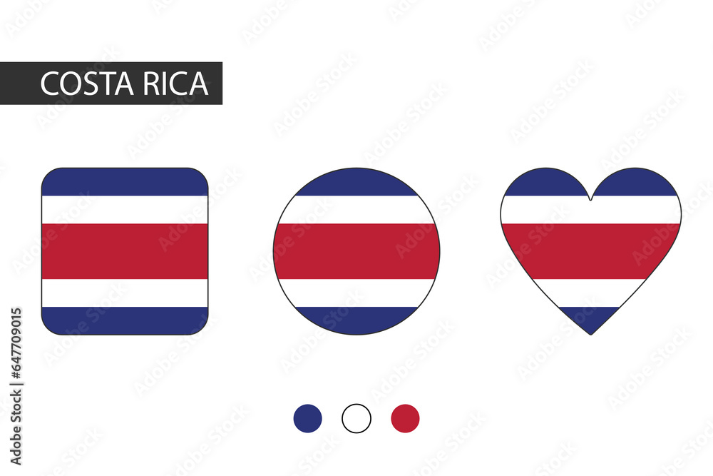 Costa rica 3 shapes (square, circle, heart) with city flag. Isolated on white background. Costa rica 3 shapes (square, circle, heart) with city flag. Isolated on white background.