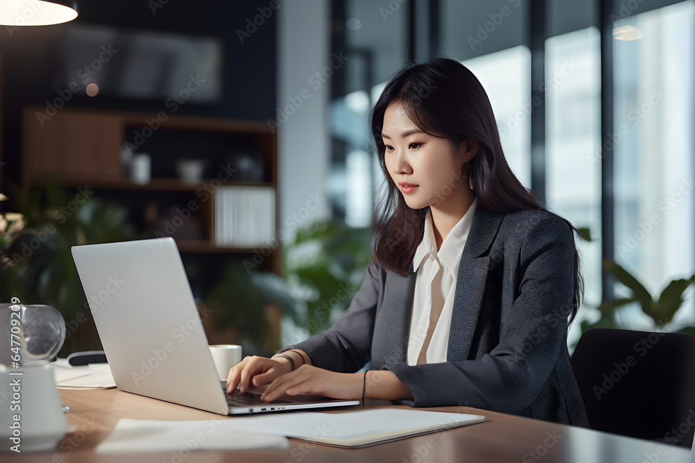 Asian woman employee officer working with her laptop computer in office. Businesswoman working at Cafe workspace, Generative AI Asian woman employee officer working with her laptop computer in office. Businesswoman working at Cafe workspace, Generative AI