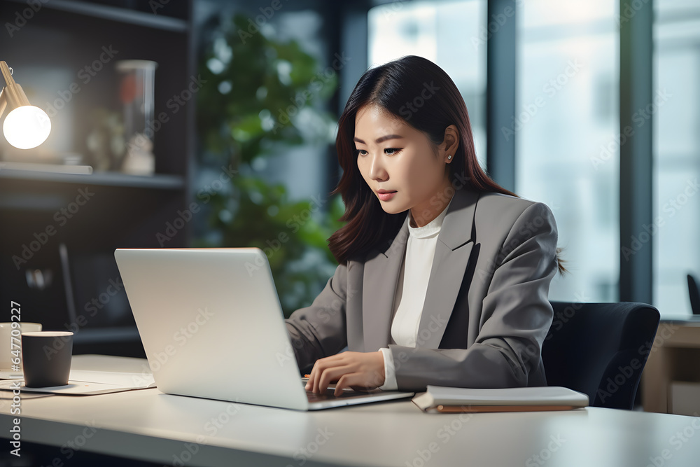 Asian woman employee officer working with her laptop computer in office. Businesswoman working at Cafe workspace, Generative AI Asian woman employee officer working with her laptop computer in office. Businesswoman working at Cafe workspace, Generative AI