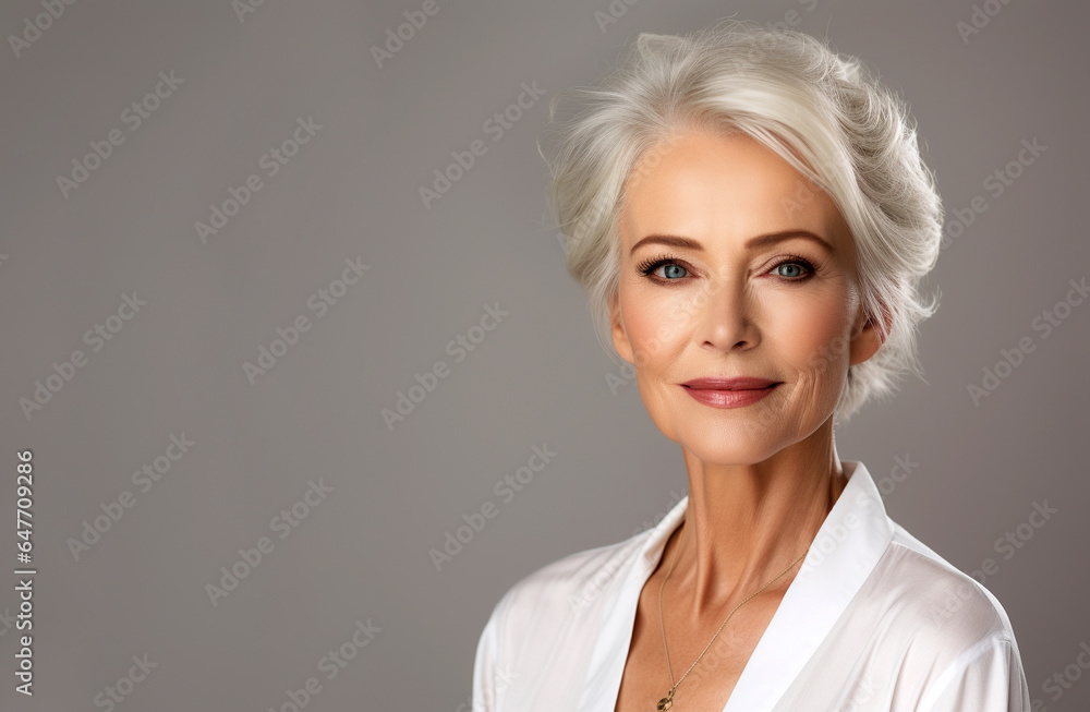 portrait of a beautiful mature woman on a gray background. Generative Ai