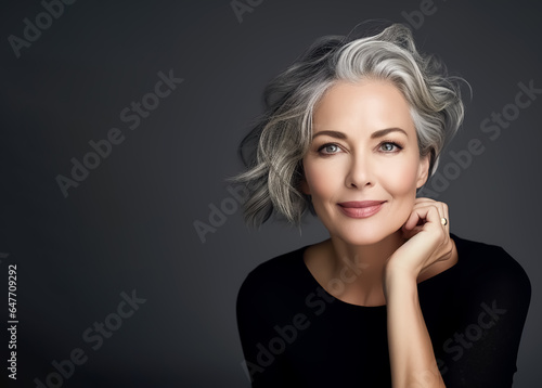 beautiful mature smiling woman on gray background. Generative Ai