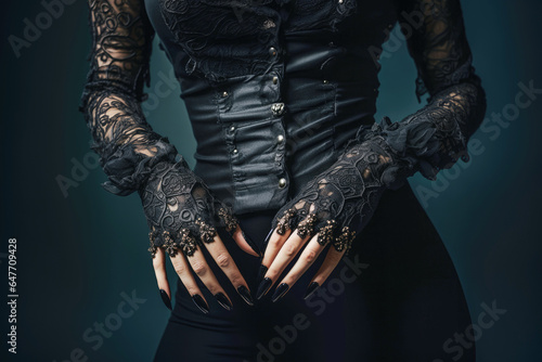 A young woman dons a striking gothic dress paired with gloves, showcasing a fashionable and darkly elegant Halloween ensemble.