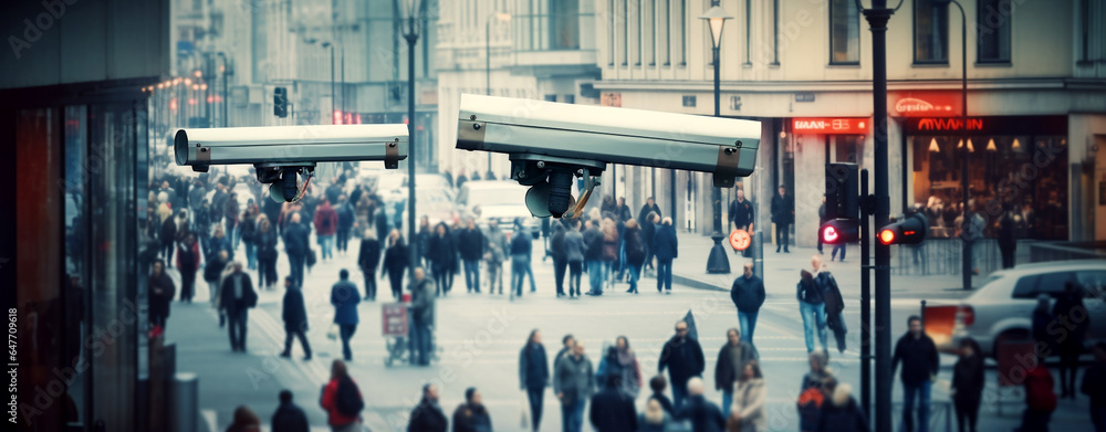 Obraz premium facial recognition cameras in the city's business district. Generative Ai