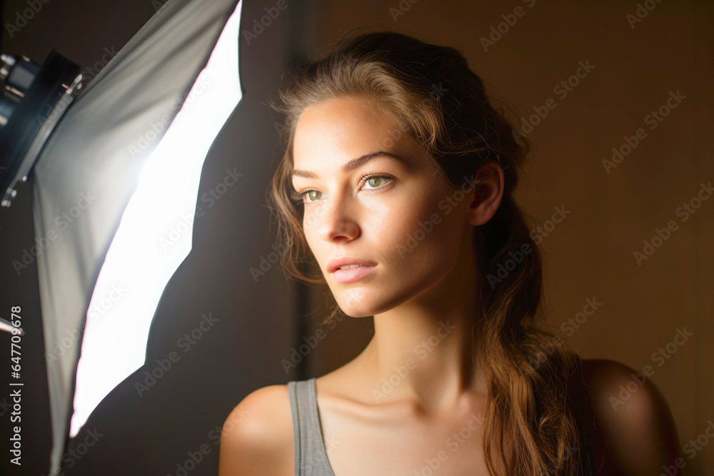 A glamorous portrait of a stylish woman in a professional studio, her features accentuated by the carefully positioned lighting equipment. A glamorous portrait of a stylish woman in a professional studio, her features accentuated by the carefully positioned lighting equipment.