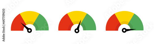 Speedometer. Feedback concept. Rating customer satisfaction meter. Colorful speedometer vector icon, isolated. Tachometer icons. Performance measurement symbol. Vector illustration.