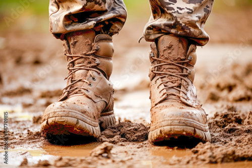 Outdoor Footwear: Dirty boots tell tales of a soldier's hike, venturing through mud and green terrain, a testament to rugged exploration.