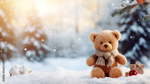 teddy bear with a Christmas gift in the winter forest at dawn. Generative Ai © PETR BABKIN