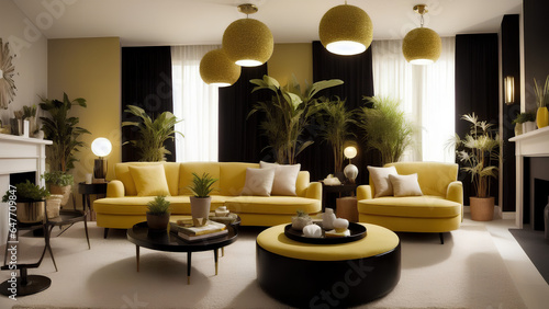 Modern living room in a minimalist style black and yellow theme