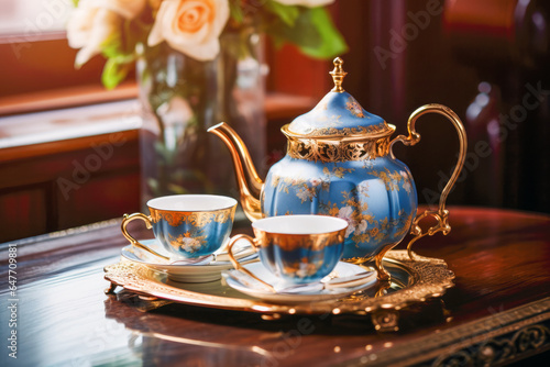 Cafe Elegance: Savoring a hot beverage in an antique teacup at a cozy cafe is a delightful experience that transports you to a bygone era.