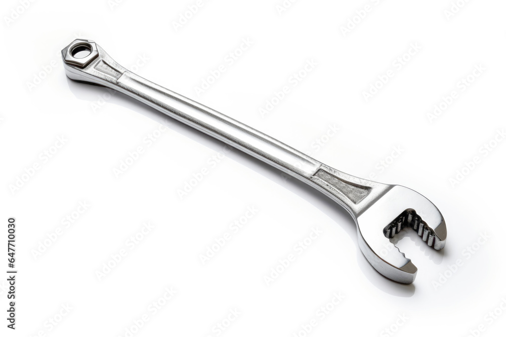 A chrome wrench, the quintessential tool of the mechanic, stands alone in isolated white, symbolizing precision and readiness for repair work. A chrome wrench, the quintessential tool of the mechanic, stands alone in isolated white, symbolizing precision and readiness for repair work.