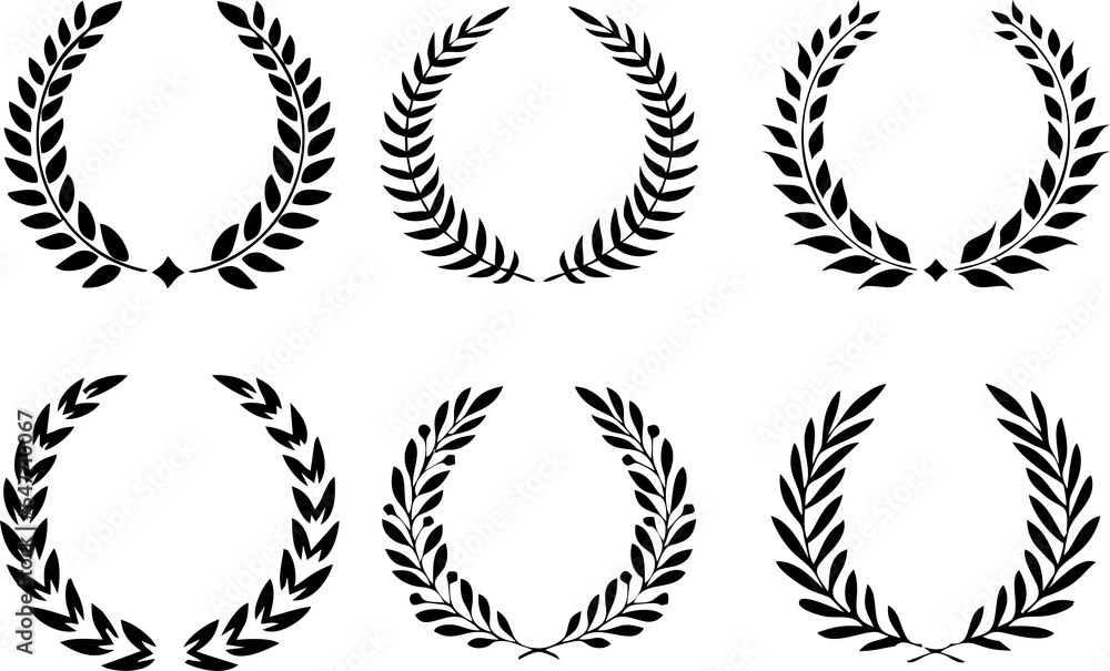 High resolution silhouette of circular laurel wreaths depicting award, achievement., circular foliate laurels branches.Design help for award logo, winner round emblem.  - obrazy, fototapety, plakaty 