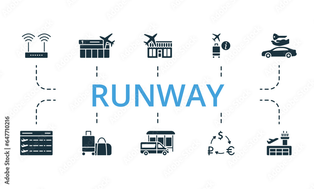 Runway set. Creative icons: wifi access, gates, duty free, tourist information, car hire, flight information board, luggage, bus station, currency exchange, airport.