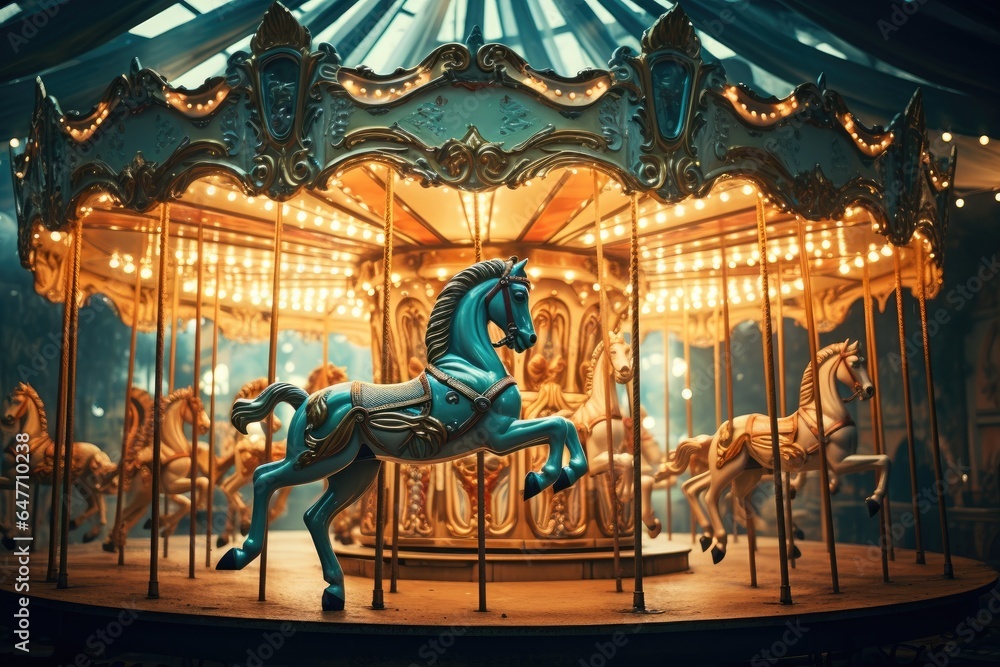 Carousel horse on a carousel at the amusement park in the night