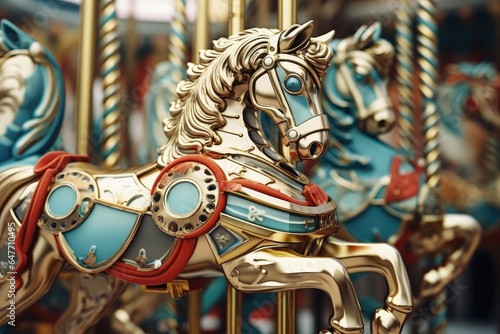 Merry go round carousel horse on a carousel at the amusement park on the evening