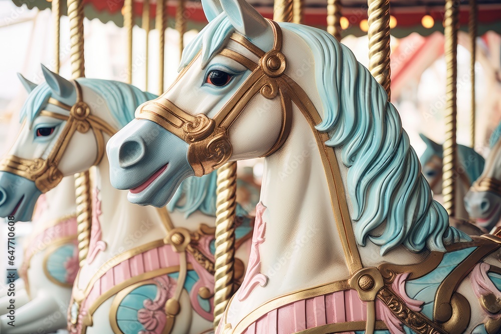 Merry go round carousel horse on a carousel at the amusement park on the evening - obrazy, fototapety, plakaty 