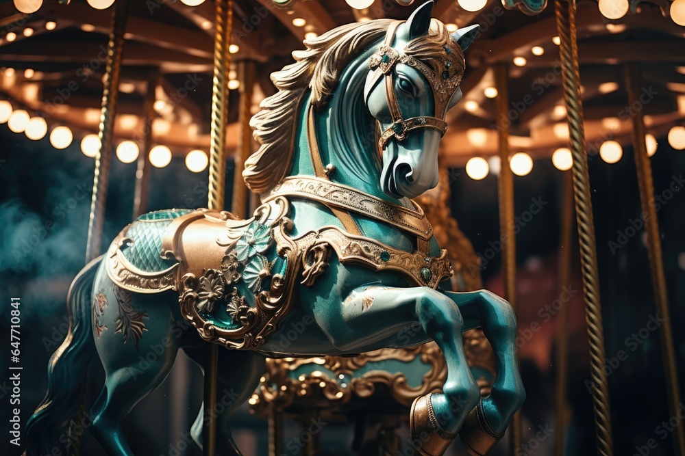 Carousel horse on a carousel at the amusement park in the night - obrazy, fototapety, plakaty 