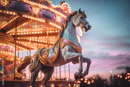 Pastel carousel horse on a carousel at the amusement park in the evening
