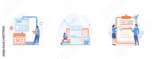 Taxation planning concept, Characters using tax calendar to filling tax declaration form online and with financial advice. set flat vector modern illustration  