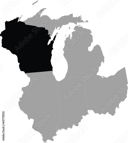 Black Map of US federal state of Wisconsin within the gray map of East north central region of United states of America