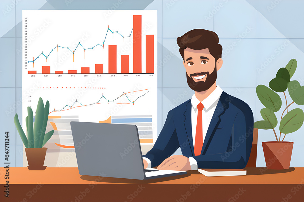 flat design of office man satisfy,with growth stockmarket,vector graphic. flat design of office man satisfy,with growth stockmarket,vector graphic.