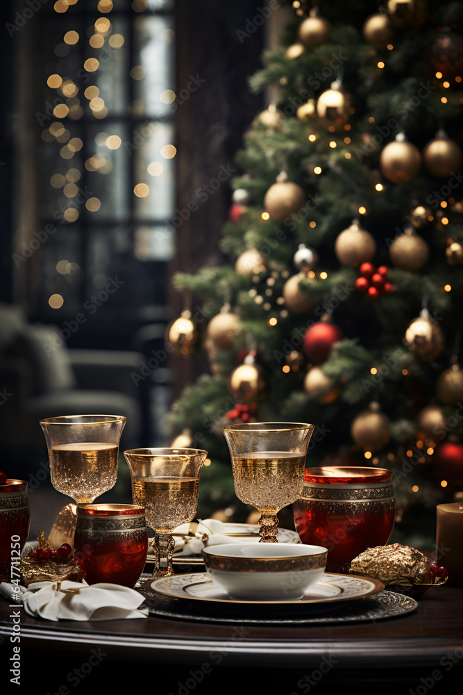 Mock up table, Christmas tree in the background Mock up table, Christmas tree in the background