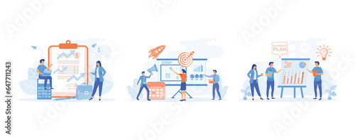 business plan, People and clipboard with financial document, Working process, teamwork communication. making presentation of business plan. set flat vector modern illustration 