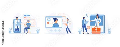 Electronic health record and online medical services, Patients having online consultations with medical specialists, set flat vector modern illustration 