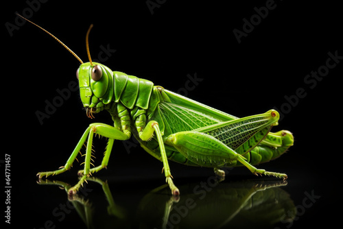Green grasshopper on a light background. Generative AI © Artsiom P