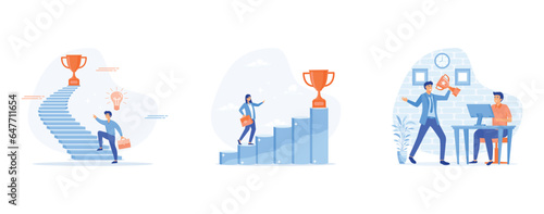 Business people holding trophy cup standing on the stair. Successful businessmen holding golden trophy up. set flat vector modern illustration