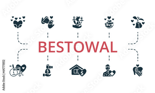 Bestowal set. Creative icons: kindness, organ donation, social responsibility, world embracing, hope, disabled aid, sponsorship, charitable foundation, patient support, helping children.