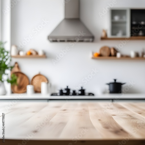 Empty kitchen table and blurred kitchen background