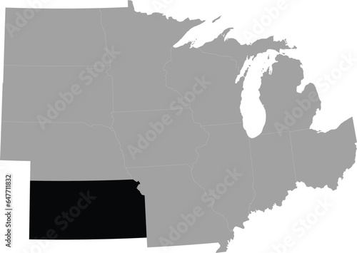 Black Map of US federal state of Kansas within the gray map of Midwest region of United states of America