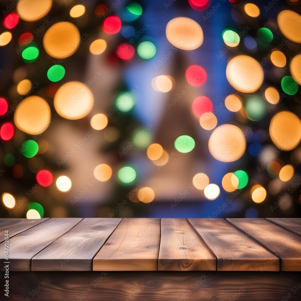 Empty wooden table, blurred Christmas background Empty wooden table, blurred Christmas background