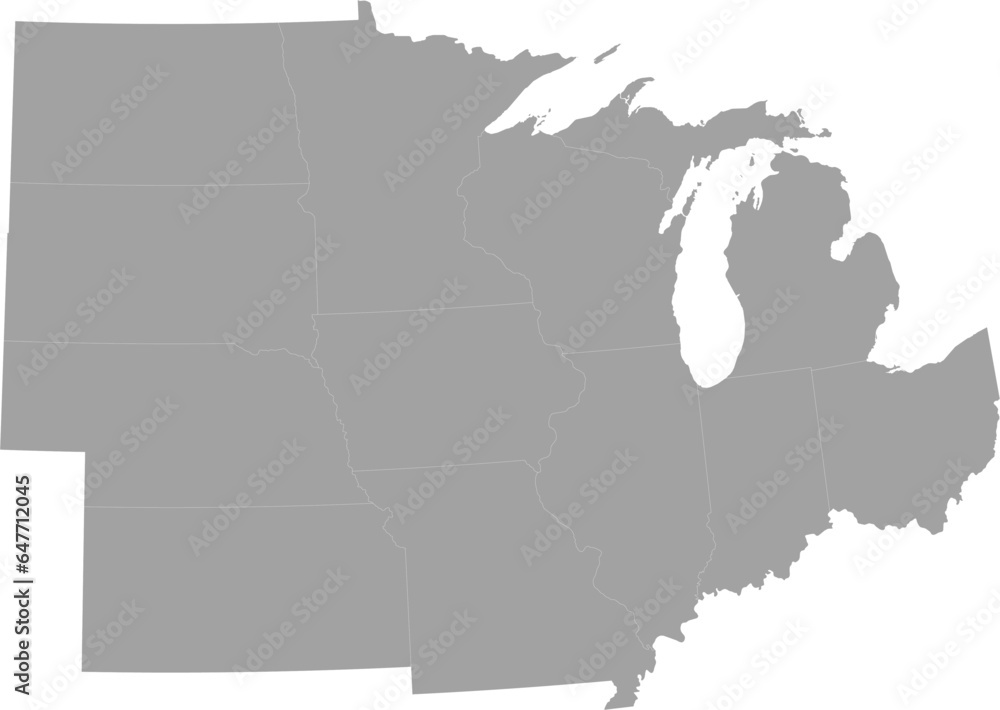 Gray Map of US federal states of Midwest region of United states of America