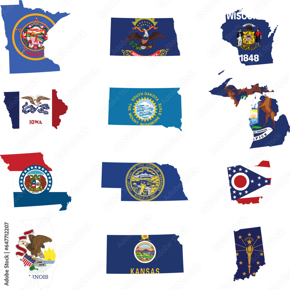 Map of US federal states of Midwest region of United states of America with state flag Map of US federal states of Midwest region of United states of America with state flag