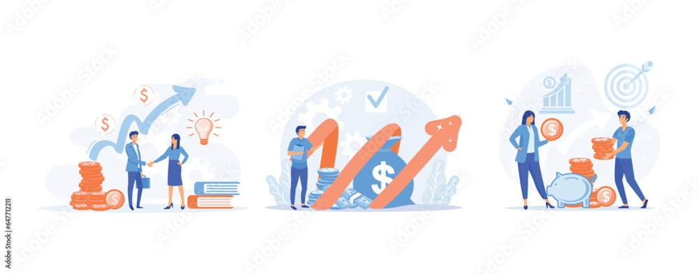 investment concept, Happy man investing in start up ideas, Income growth chart, Family Budget, Home Savings and Investment Money. set flat vector modern illustration