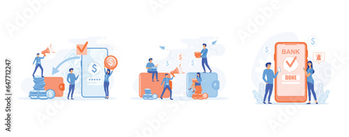 Financial transactions, non-cash payment transactions, money transfer, banking, Banking services on web site. Successful transaction. set flat vector modern illustration 