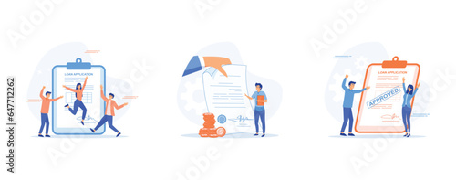 loan approved concept, happy business people with loan approved form, get loan from bank, set flat vector modern illustration