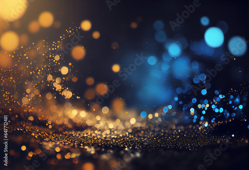 Twinkling silver and gold glitter lights on defocused blue background. Elegant Christmas or New Year holiday concept. AI Generative.